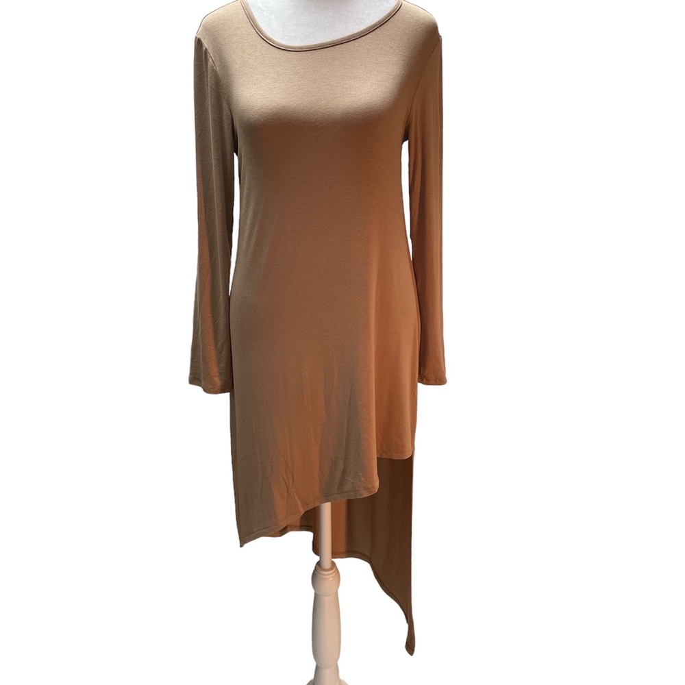 NWT 24seven Comfort Apparel Tan High Low Long Sleeve Round Neck Dress Size Small